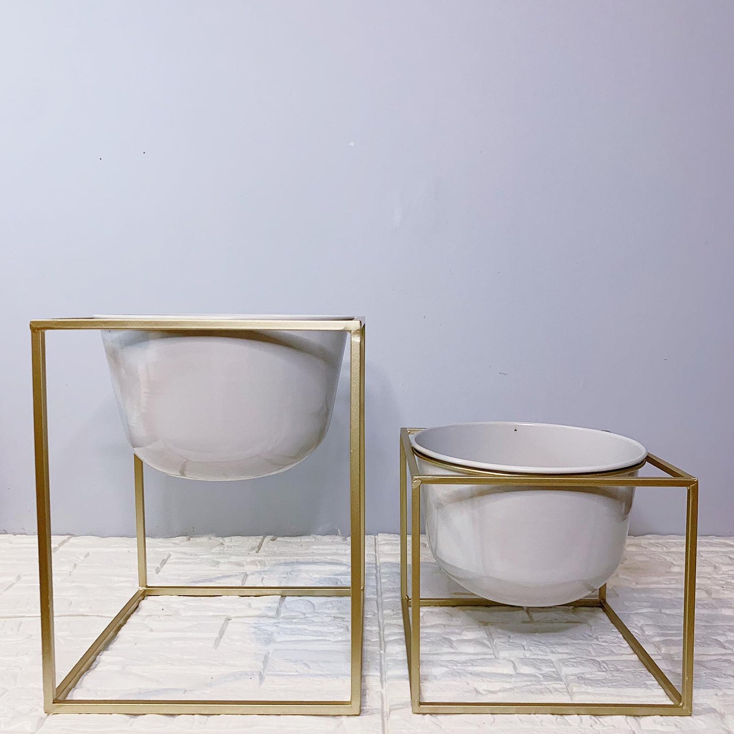 White Basin-Style Vase With Gold Planter Stand